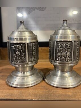 2 Vintage Konge Tinn Pewter Kerosene Lamps Norway Hardanger Sylvplett
